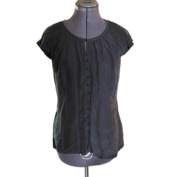Womens 100% Black Pale Polka dots On Black Bead Front Buttons Blouse Size Small - Picture 1 of 13